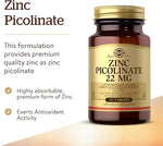 Solgar Zinc Picolinate 22 mg, 100 Tablets | Chelated Zinc for Immune Function – product photo