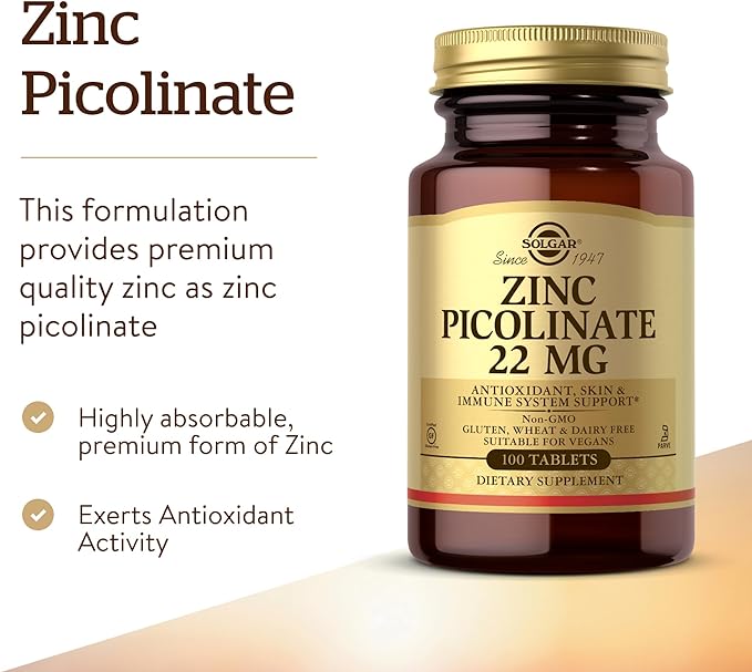 Solgar Zinc Picolinate 22 mg, 100 Tablets | Chelated Zinc for Immune Function – product photo
