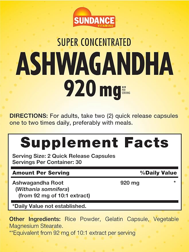 Sundance Ashwagandha 920 mg, 60 Capsules | 10:1 Ashwagandha Root Extract Capsules – product photo