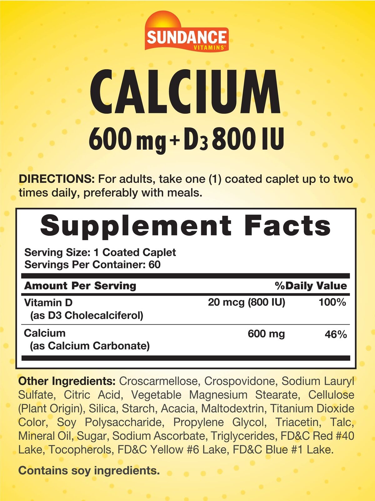 Sundance Calcium 600 mg + D3 800 IU 600 mg + 800 IU, 60 Tablets | Calcium and Vitamin D3 Coated Caplets – product photo