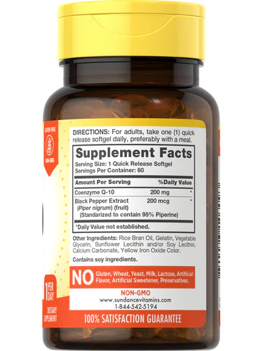 Sundance CoQ10 200 mg, 60 Softgels | 200 mg CoQ10 with Black Pepper Extract – product photo