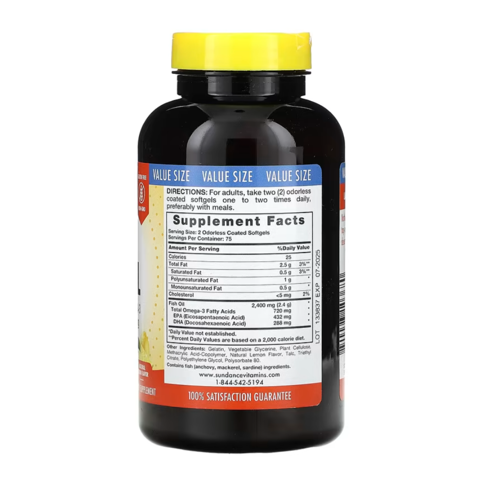 Sundance Fish Oil 1200 mg Omega-3 Odourless, 100 Softgels | Odourless Omega-3 from Anchovy, Mackerel, Sardine – product photo