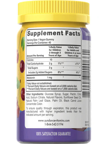Sundance Kids Melatonin 1 mg Vegan Gummies, 40 Gummies | Low-Dose Vegan Cherry Melatonin Gummies – product photo