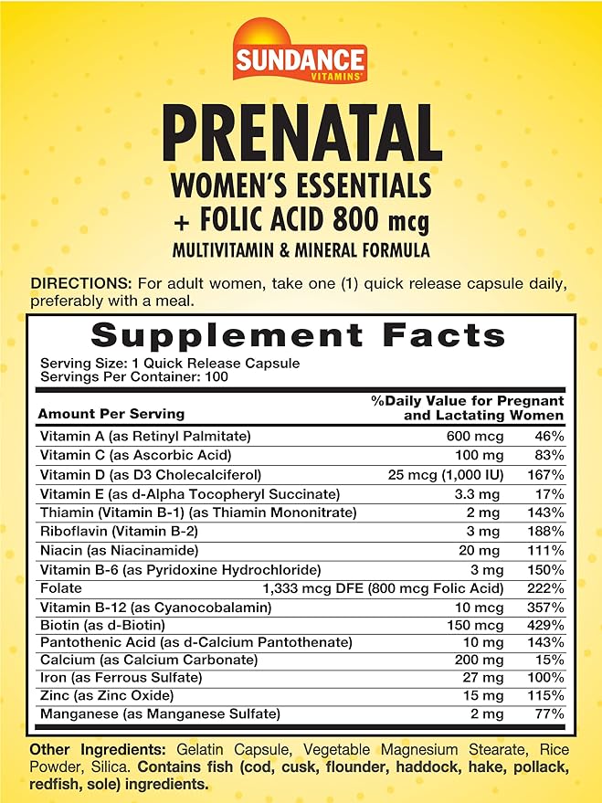 Sundance Prenatal Women's Essentials Folic acid 800 mcg, 100 Capsules | Folic Acid and Iron Multivitamin for Women – product photo