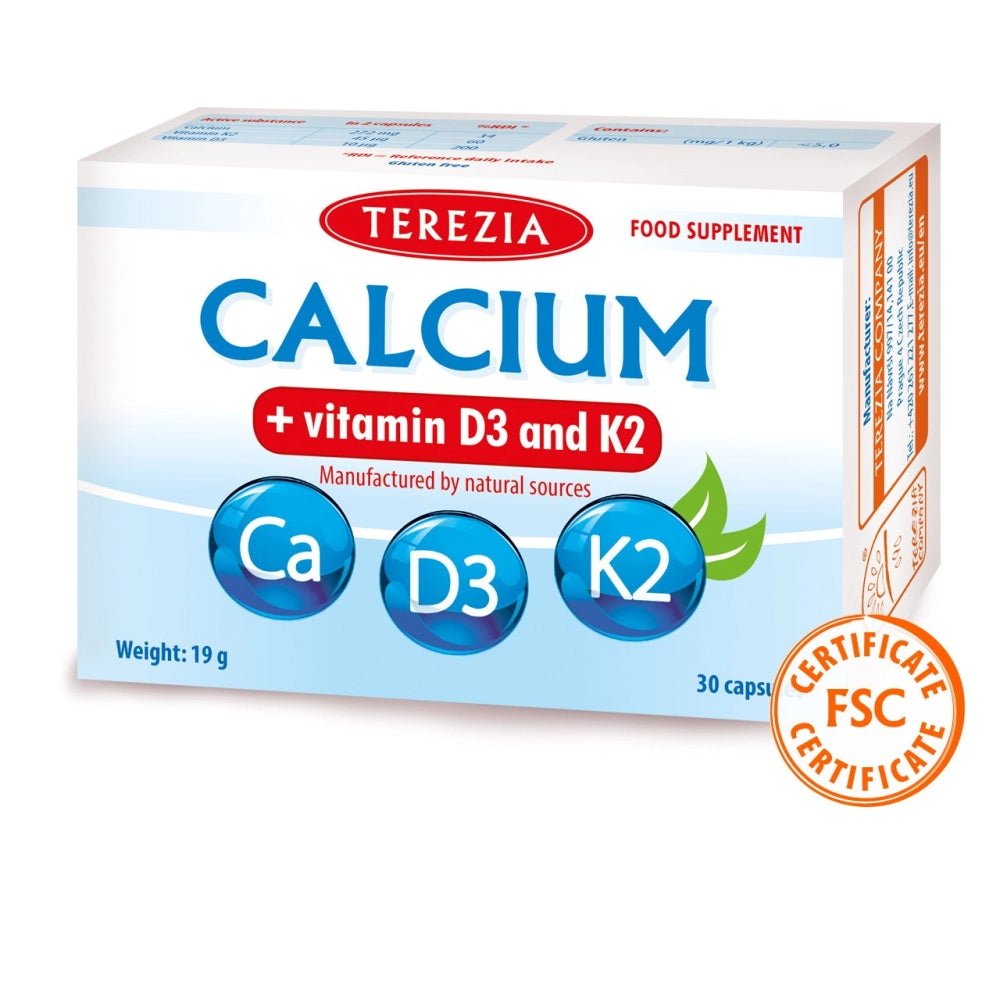 Terezia Calcium + Vitamins D3 and K2, 30 Capsules