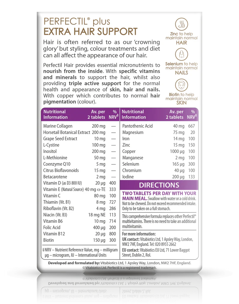 Vitabiotics Perfectil Hair, 60 Tablets | Multivitamin with Biotin, Zinc and Selenium for Hair – product photo