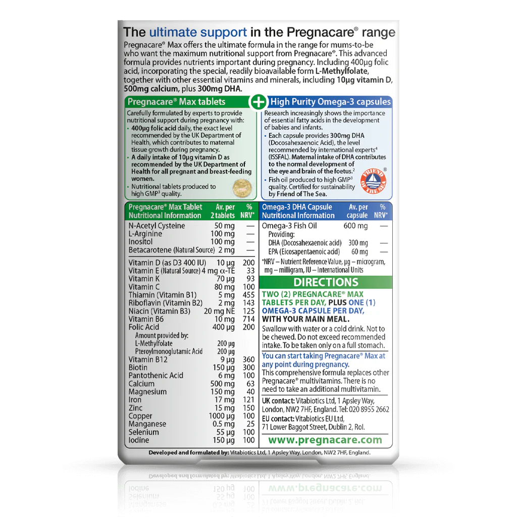Vitabiotics Pregnacare Max, 84 Tablets & Capsules | Pregnancy Multinutrient with L-Methylfolate and DHA – product photo