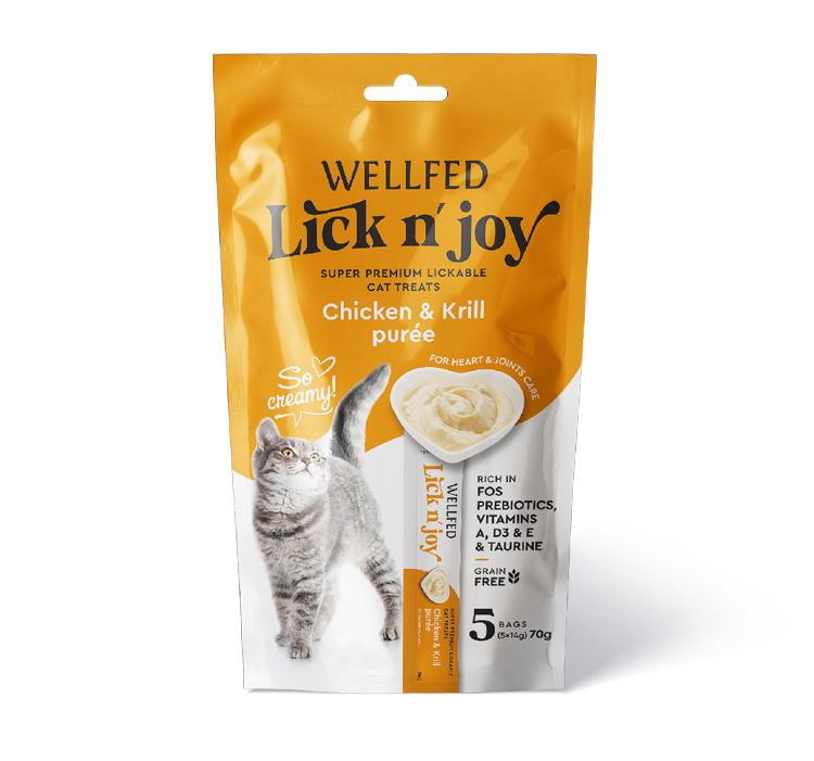 WELLFED Lick N' Joy Chicken & Krill Purée Lickable Cat Treats 14g 5-Pack